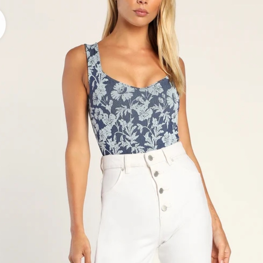 Free People - Printed Clean Lines Blue Floral Print Sleeveless Bodysuit